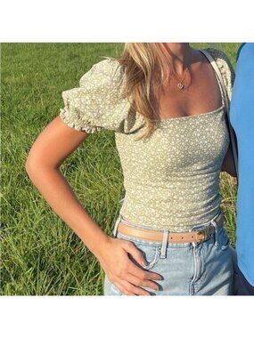 Abercrombie & Fitch Green Floral Smocked Puff-Sleeve Top Med (W852)
